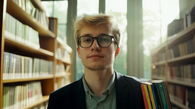 The camera slowly zooms in as a young Caucasian man with blonde hair, around 21 years old, walks confidently, facing the camera, through a library.