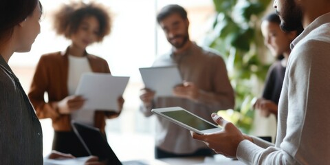 Business people in an office setting using laptops and tablets for project discussions, with a focus on a hand holding a tablet and pointing at it. Soft natural light and warm color palette.