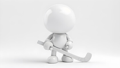 A detailed 3D rendering of a cartoonish white glossy humanoid character holding a hockey stick, standing in a minimalist scene, highlighting simplicity and modern aesthetics.