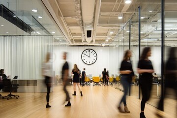 Fototapeta premium Blurry group walking in an office with high ceilings, glass walls, and wooden floors, featuring black attire with yellow accents, natural light, and muted colors.