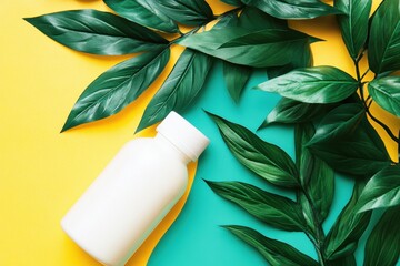 Green leaves white bottle on vibrant yellow blue background