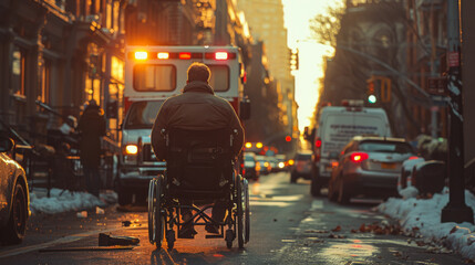 A man in a wheelchair rides along the road at a pedestrian crossing. Movement concept, disability.