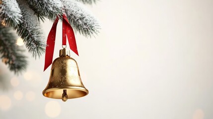 A realistic render of a golden Christmas bell with a red ribbon, hanging from a snowy pine branch