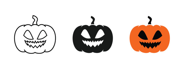 smiling pumpkin icon set, available outline, silhouette, and orange style, editable vector eps 10.
