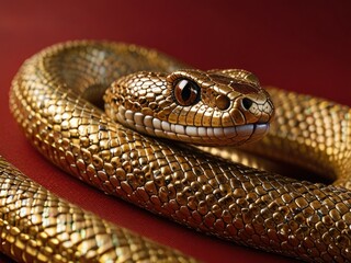 Fototapeta premium Intricate golden snake sculpture with metallic scales on a red background
