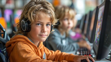 Children with headphones using computers in a classroom..