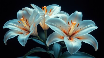Three elegant white lilies with orange accents against a dark background.