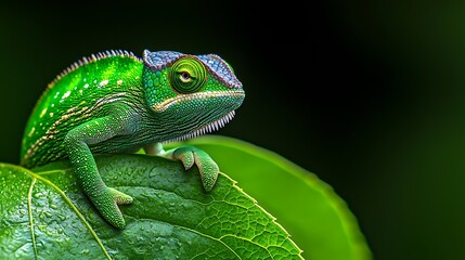 Fototapeta premium A green chameleon clings to a leaf adorned with shimmering water droplets.