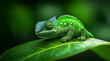 Fototapeta premium Green chameleon perched on a leaf in the misty rainforest.