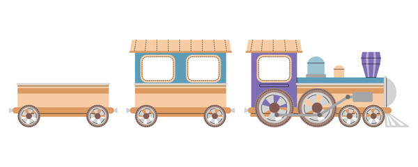 Cartoon steam locomotive on white background. Children s toy trains in flat style. Children s illustration of railway transport for fabric design, wallpaper, greeting cards, etc.
