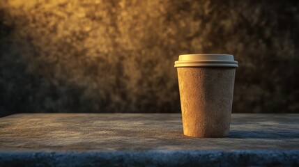 Naklejka premium A coffee cup on a concrete table, with rough textures and warm light, evoking an industrial-chic vibe. No logo, no people.