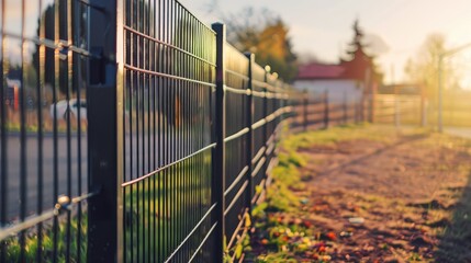 Sunset Illuminating Modern Fence in Countryside