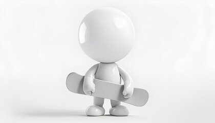 A 3D rendering of a cartoonish white glossy humanoid character holding a skateboard, positioned in a minimalist scene, highlighting simplicity and modern design.