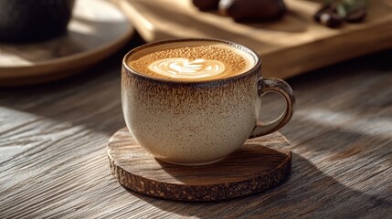A cup of coffee on a table with a rustic ceramic coaster, showcasing texture and style. No logo, no people.