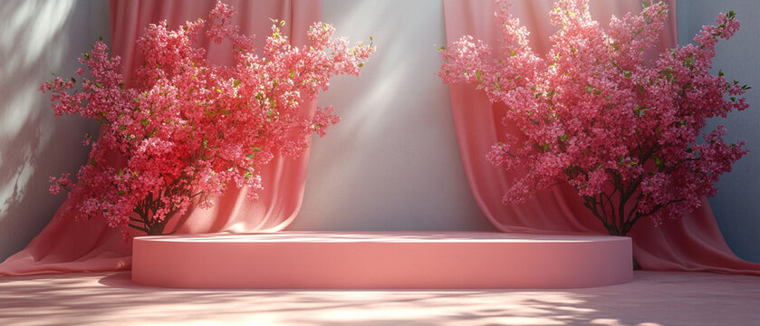 A serene and elegant stage adorned with pink flowers and soft drapes, perfect for showcasing beauty and creativity.