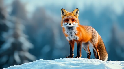 Obraz premium Red fox standing in a snowy landscape, a portrait of winter's wild beauty.
