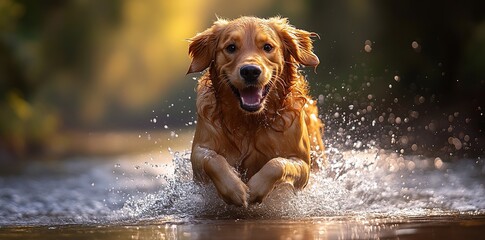 
A happy Golden Retriever dog running through the water in an open field, with sunlight shining on its fur and a playful expression. 