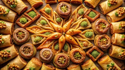 Fototapeta premium Assorted eastern sweets chak chak, baklava, and khrustiki beautifully arranged top view with copy space