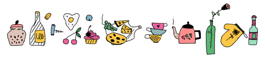 Set of food and drink, kitchen utensils, colorful culinary hand drawn illustrations on white background. Childish naive doodle design style, vector art.