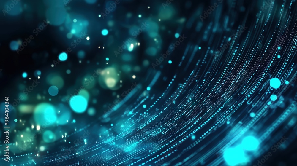 Aufkleber Futuristic abstract banner featuring glowing blue digital dots on a dark green gradient background, with a close-up view of binary code patterns on a curved surface. The Nordic-style cityscape with a 