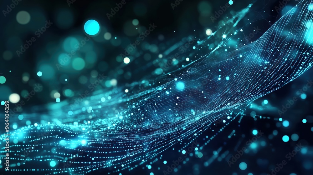 Aufkleber Futuristic abstract banner featuring glowing blue digital dots on a dark green gradient background, with a close-up view of binary code patterns on a curved surface. The Nordic-style cityscape with a 