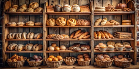 Naklejka premium A vintage bakery shelf filled with a variety of bread and pastries, creating dynamic and dramatic compositions with copy space