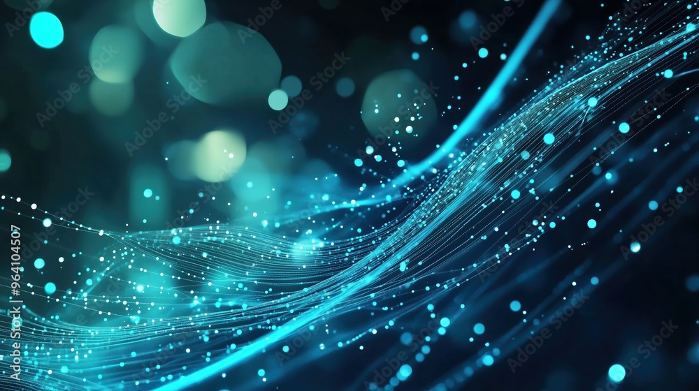 Leinwandbilder Futuristic abstract banner featuring glowing blue digital dots on a dark green gradient background, with a close-up view of binary code patterns on a curved surface. The Nordic-style cityscape with a 
