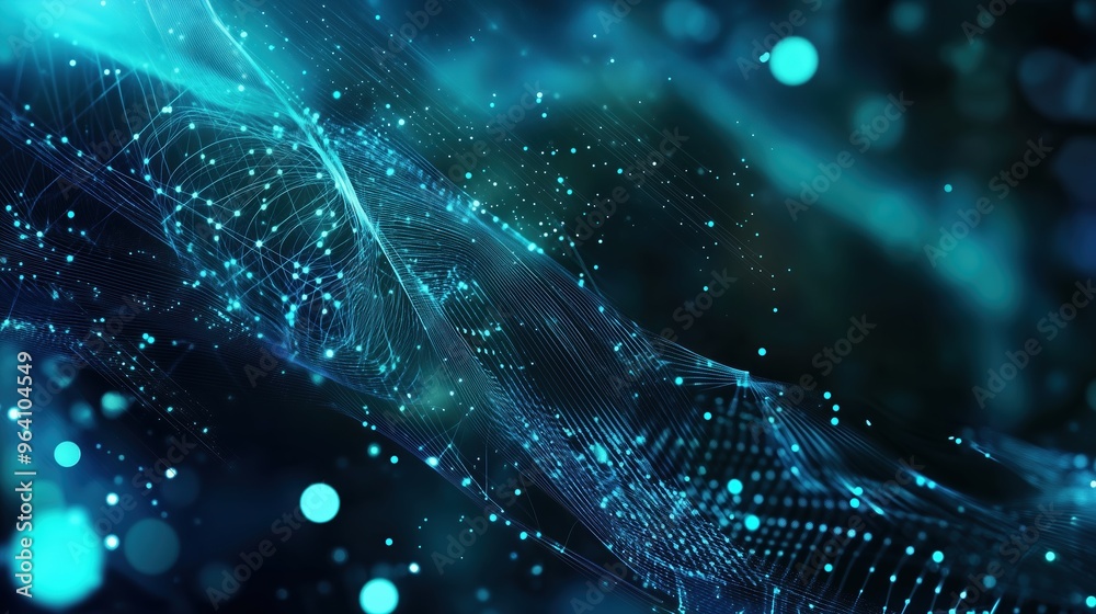 Aufkleber Futuristic abstract banner featuring glowing blue digital dots on a dark green gradient background, with a close-up view of binary code patterns on a curved surface. The Nordic-style cityscape with a 