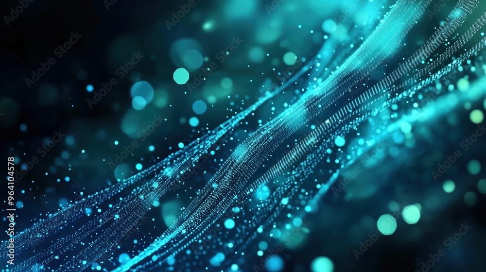 Fototapete Futuristic abstract banner featuring glowing blue digital dots on a dark green gradient background, with a close-up view of binary code patterns on a curved surface. The Nordic-style cityscape with a 