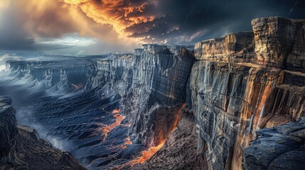 A towering mountain landscape on an exoplanet, with steep cliffs and ravines, the ground showing...