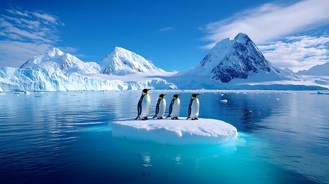 King penguins poised on an iceberg in the vastness of Antarctica.