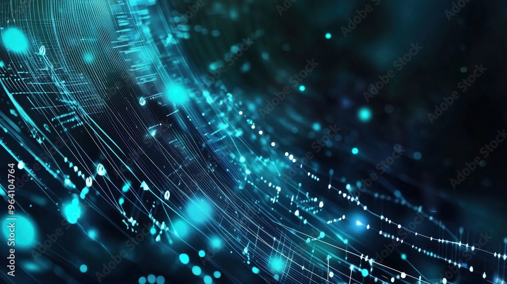 Poster Futuristic abstract banner featuring glowing blue digital dots on a dark green gradient background, with a close-up view of binary code patterns on a curved surface. The Nordic-style cityscape with a 