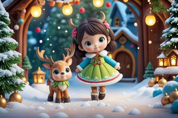 Cute little 3D doll in children's cartoon style, animated fantasy. Artistic background. Artistic illustration. Cartoon stylized illustrated art. hild with christmas tree