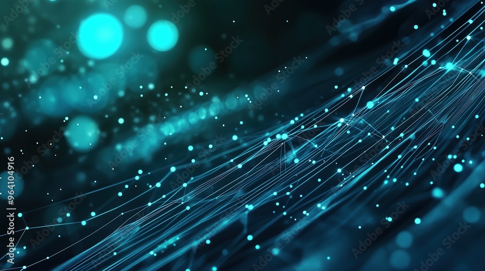 Leinwandbilder Futuristic abstract banner featuring glowing blue digital dots on a dark green gradient background, with a close-up view of binary code patterns on a curved surface. The Nordic-style cityscape with a 