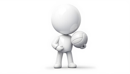 A 3D rendering of a cartoonish white glossy humanoid character holding a volleyball, positioned in a minimalist environment, showcasing simplicity and modern design.