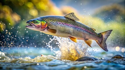 Naklejka premium Vibrant image of a jumping trout in a sparkling river