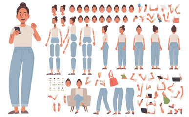 Girl character constructor. Young woman in casual clothes. Set of different positions of hands, legs, head for creating animation