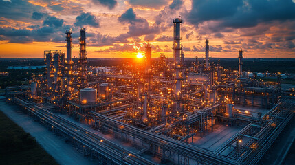 Aerial view of a vibrant oil refinery at sunset, showcasing intricate pipelines and glowing structures under a beautiful sky.