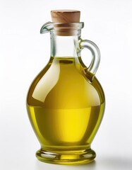 Glass bottle with olive oil and cork lid.
