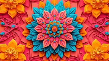 Vibrant mandala pattern with intricate 3D floral designs, colorful geometric shapes, and bold contrast on a pink background, digital art, Mandala, Abstract Geometry