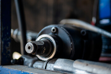 Mechanic tools engineering equipment car auto repair shop with copy space. Blurred background mechanical service. Heavy screw grungy rusted wrenches dirty screwdriver object. Industrial hardware set