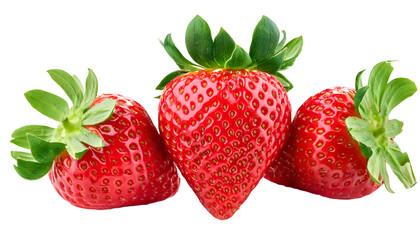 strawberry close up, fresh organic strawberries isolated on transparent background