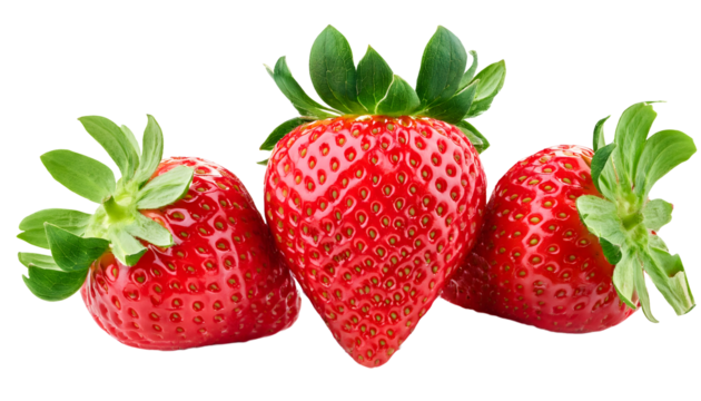 strawberry close up, fresh organic strawberries isolated on transparent background