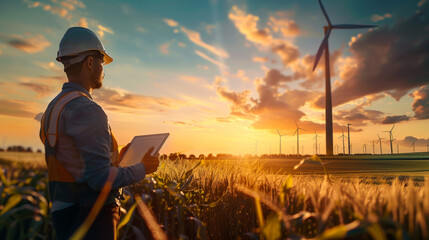Fototapeta premium Rear view of a young engineer wearing a hard hat and holding a digital tablet in an agricultural field with a wind farm in the background. Concept of technology, green energy.