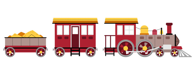 Obraz premium Cartoon steam locomotive with carriage on white background. Children s toy train in flat style. Children s illustration of railway transport for fabric design, wallpaper, greeting cards, etc.