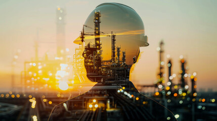 Fototapeta premium Double exposure of an engineer in a protective helmet against the background of an oil plant. Industry concept.