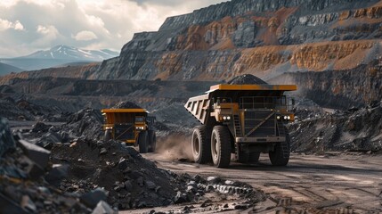 Fototapeta premium Heavy Mining Trucks in Open-Pit Quarry