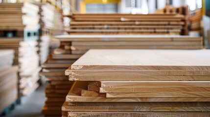 Obraz premium Neatly Stacked Wooden Boards in Warehouse