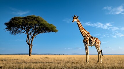 Fototapeta premium A giraffe stands tall in the African savanna beside an acacia tree under blue skies.
