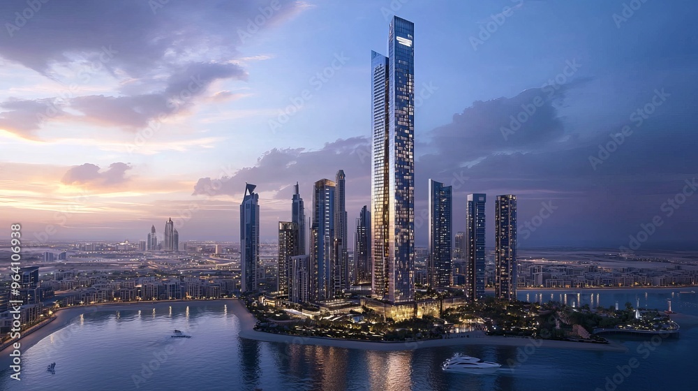 Poster Aerial view of a modern city skyline with skyscrapers, illuminated at dusk.